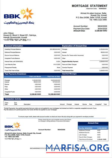 Downloadable Kuwait Bank of Bahrain and Kuwait mortgage statement Word and PDF template